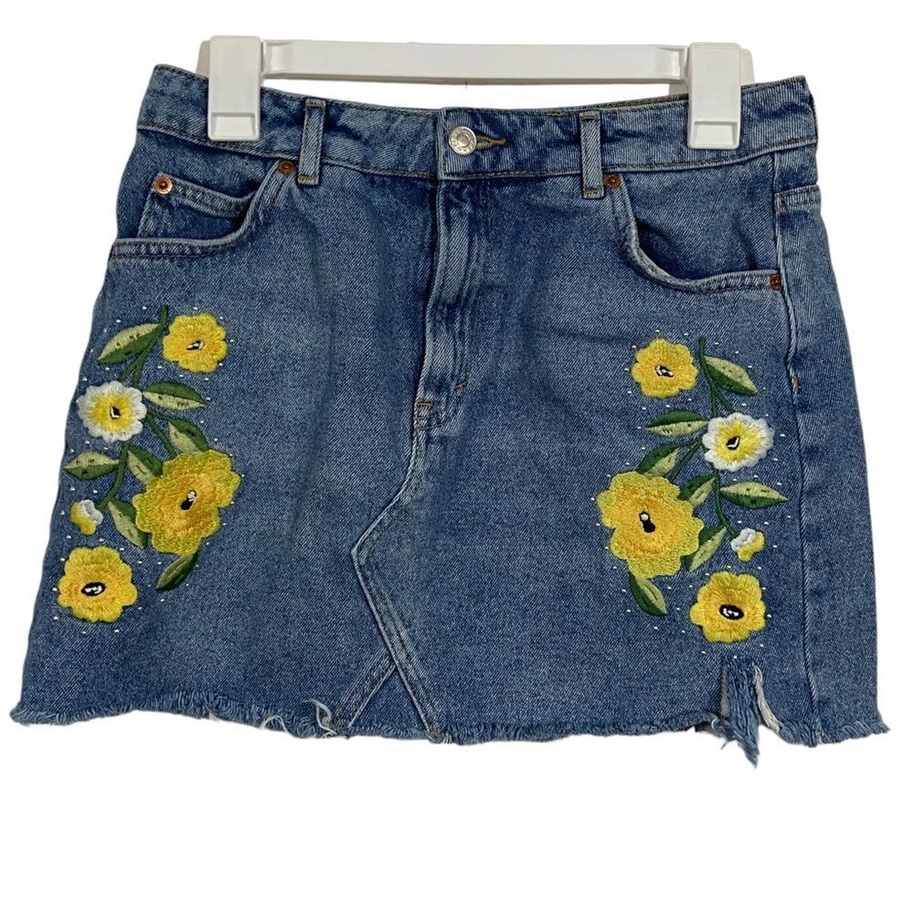 Topshop Moto Embroidered Floral Jean Skirt